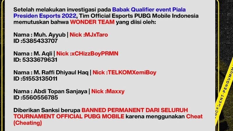 WONDER Team terbukti menggunakan cheat di Piala Presiden Esports 2022 PUBG Mobile