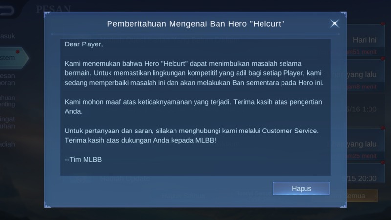 Helcurt Terkena Banned Sementara di Mobile Legends